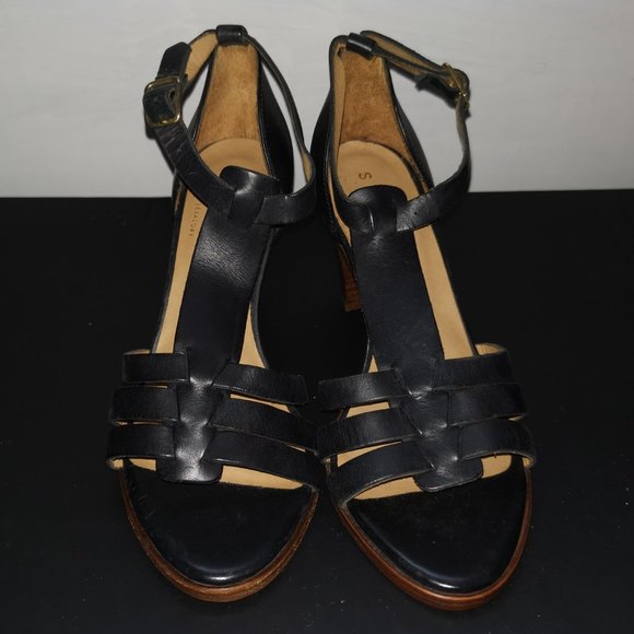 Sezane Black 'High Pompei' Leather Multistrap Sandals Heels - Picture 3 of 7